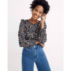 Madewell Blouse Top Womens Small Multicolor Floral Long Sleeve Round Neck Casual